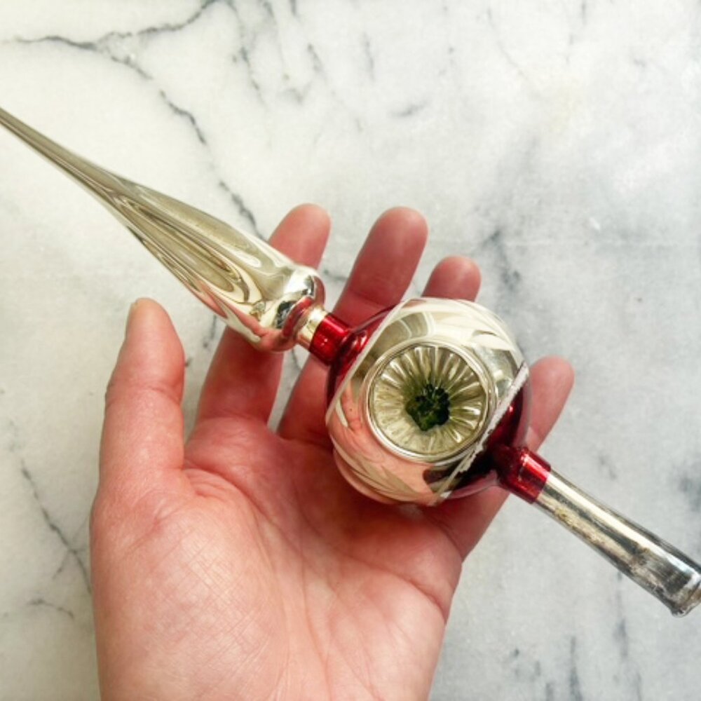 Vintage Indent Red Silver 9" Glass Christmas Tree Topper Feather Tree Small